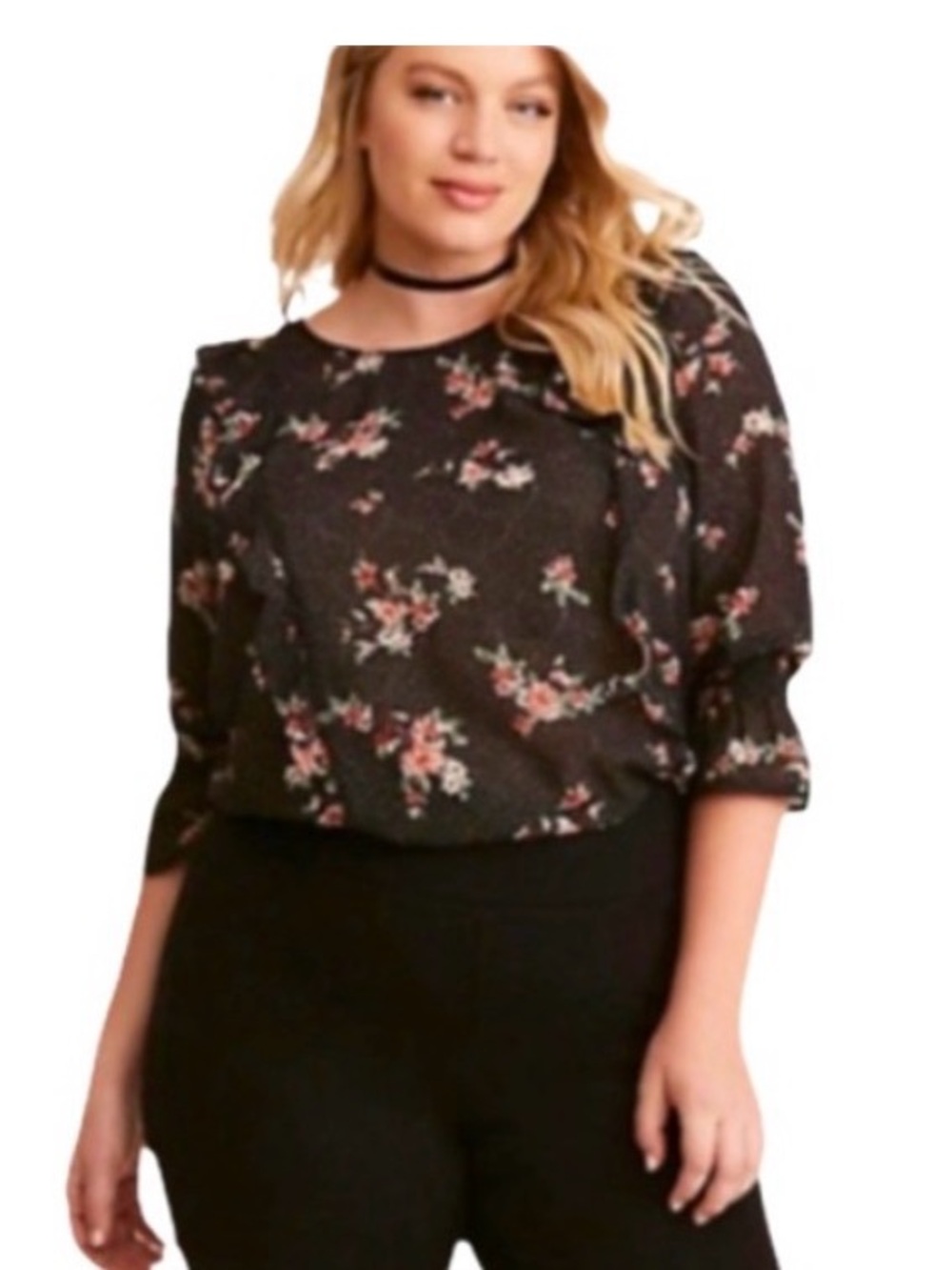 Torrid Ladies Black Dot Floral  Ruffle Sleeve Blouse Size 1 (14/16) - Picture 2 of 6
